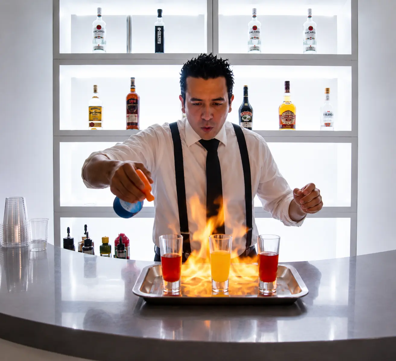 Mobile bartender fire show in Wilton Manors FL with fire performance and cocktail service